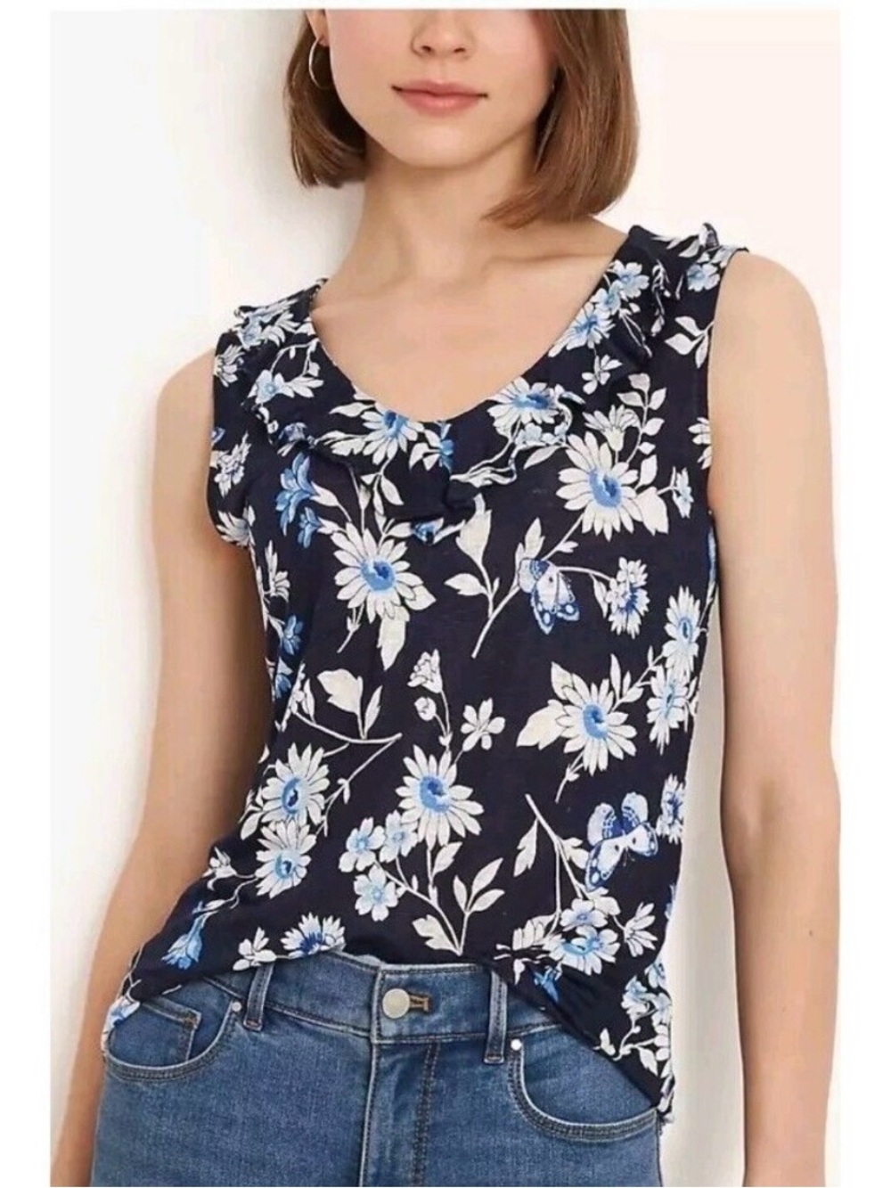 NWT Ann Taylor Navy Floral Linen Ruffle V-Neck Tank Top Size Medium